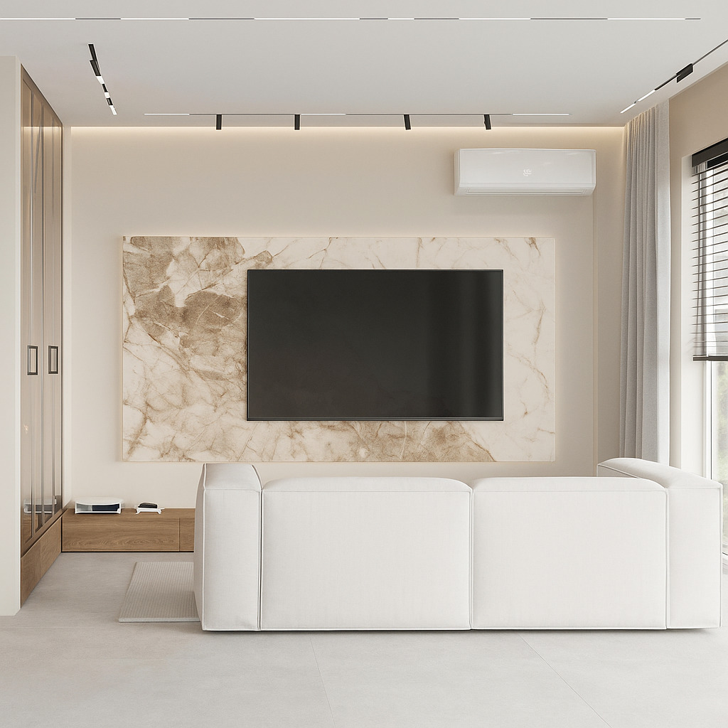 Ściana TV wykończona płytą ze spieku kwarcowego