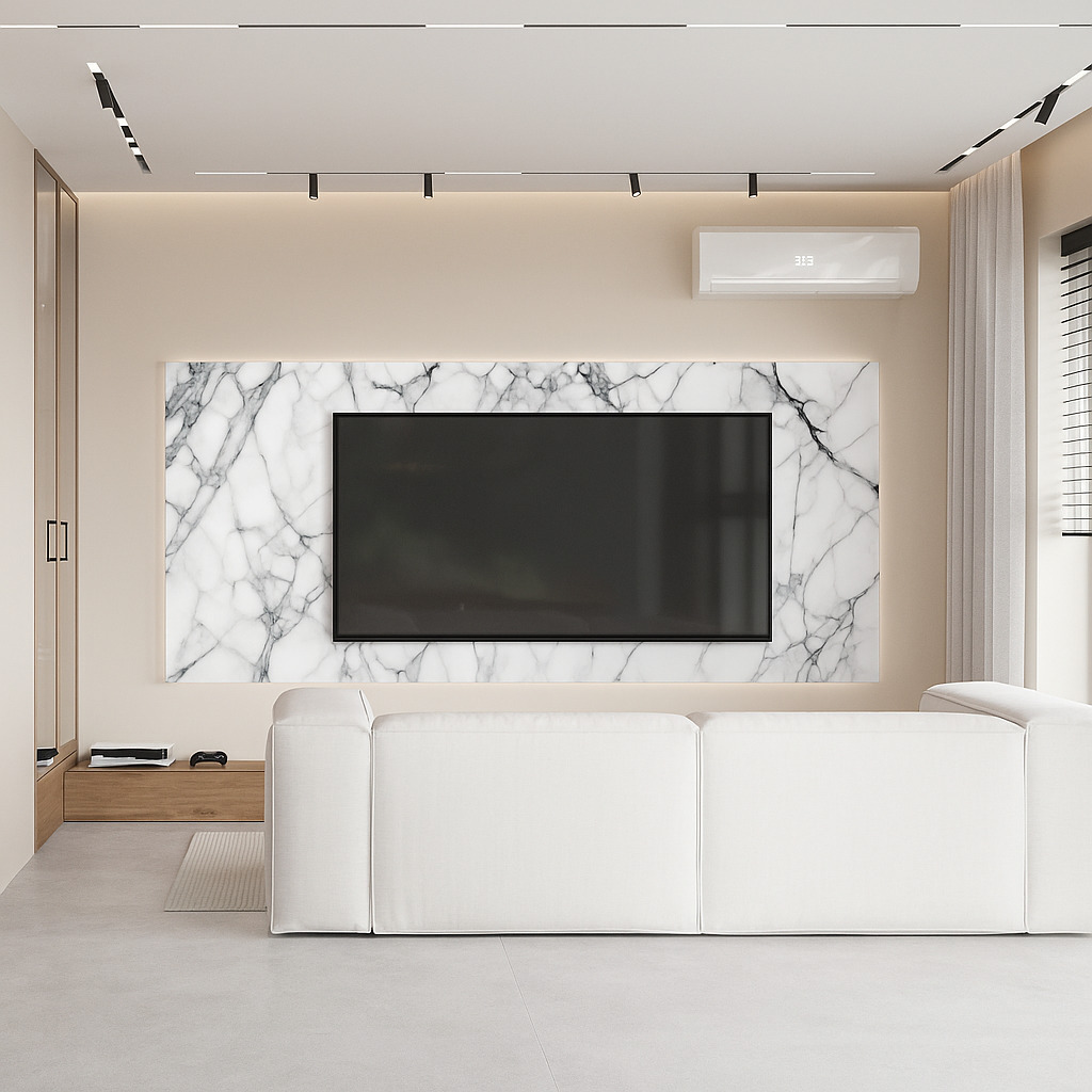 Panel ścienny Foamalite w łazience z dużym lustrem i oświetleniem LED